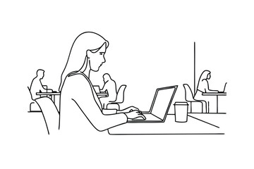 Woman Working Laptop Cafe Coffee Shop Outline Drawing Sketch