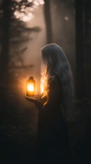 Fantasy portrait of a woman with long silver hair holding a glowing lantern in a mystical foggy forest, cinematic magical atmosphere