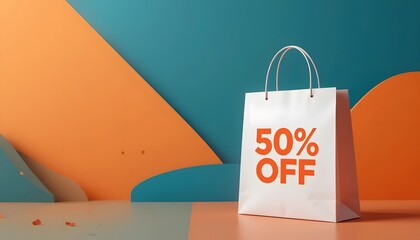A shopping bag mockup set on a vibrant  background, showcasing its design.50% off