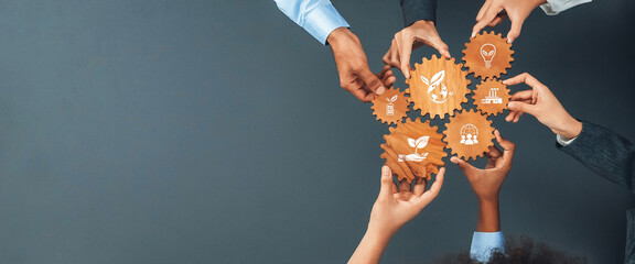 This image showcases diverse hands collaboratively holding gear icons, symbolizing the integration...
