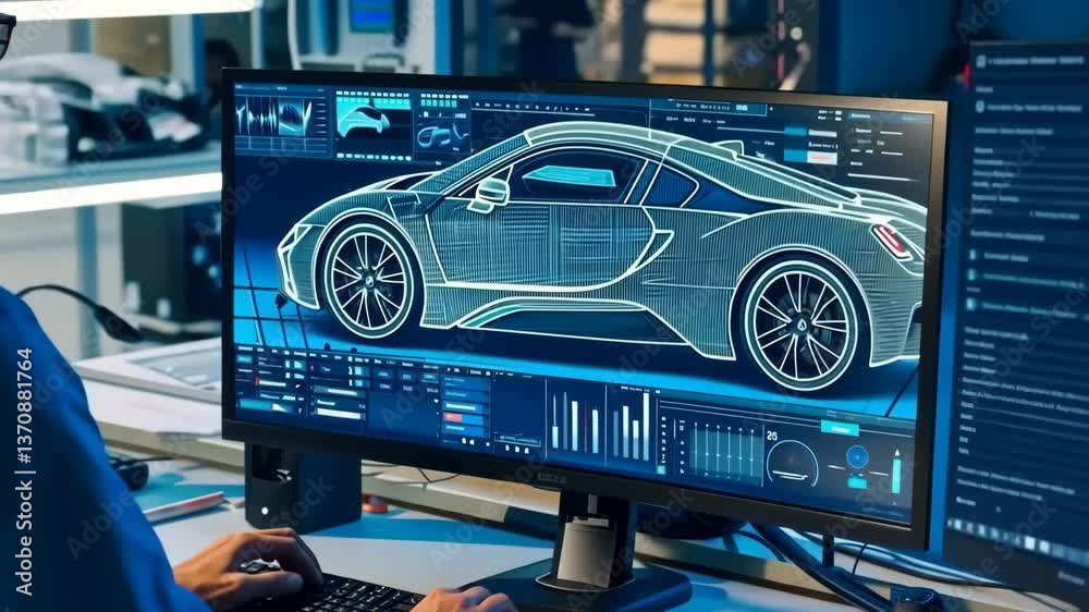 Poster An engineer is analyzing a detailed digital car model on a highresolution screen, showcasing advancements in automotive design and technology in a workspace that fosters creativity and innovation