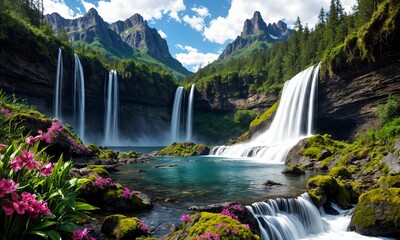 Fototapeta premium Golden sunrise over a cascading waterfall in a lush spring valley – Breathtaking nature retreat with misty air, vibrant wildflowers, and crystal-clear waters