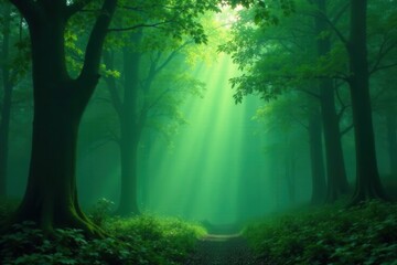 Deep emerald green, indistinct shapes, hazy forest canopy, background, trees, lush