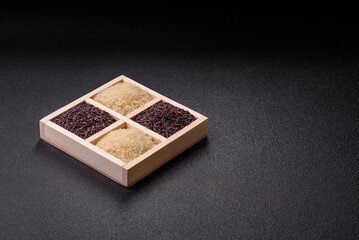 White and red raw rice grains in a ceramic bowl. Rice as an ingredient