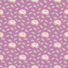 Seamless pattern of hand drawn pink peonies on a purple background.