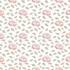 Seamless pattern of hand drawn pink peony on transparent background.