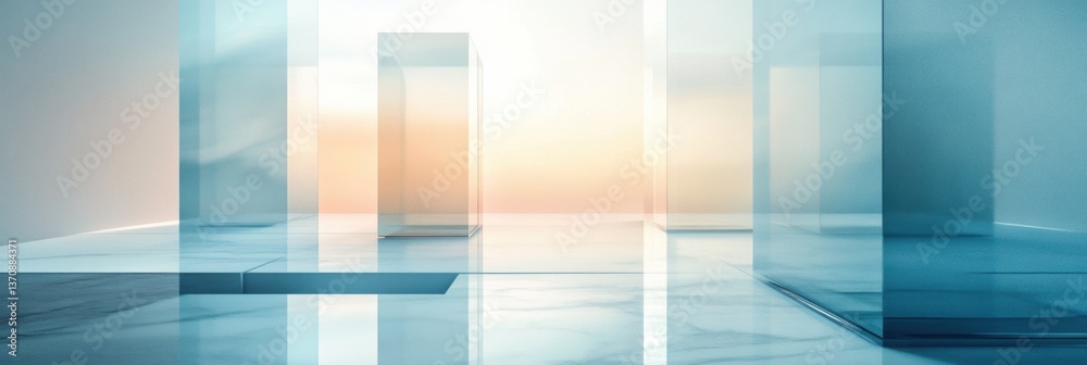 Poster Futuristic interior design showing transparent panels and platforms with soft light in modern architectural setting