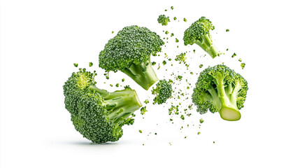 A close up view of several florets of broccoli scattered on a plain white surface in a studio shot