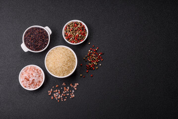 White raw rice in a ceramic bowl. Rice as an ingredient