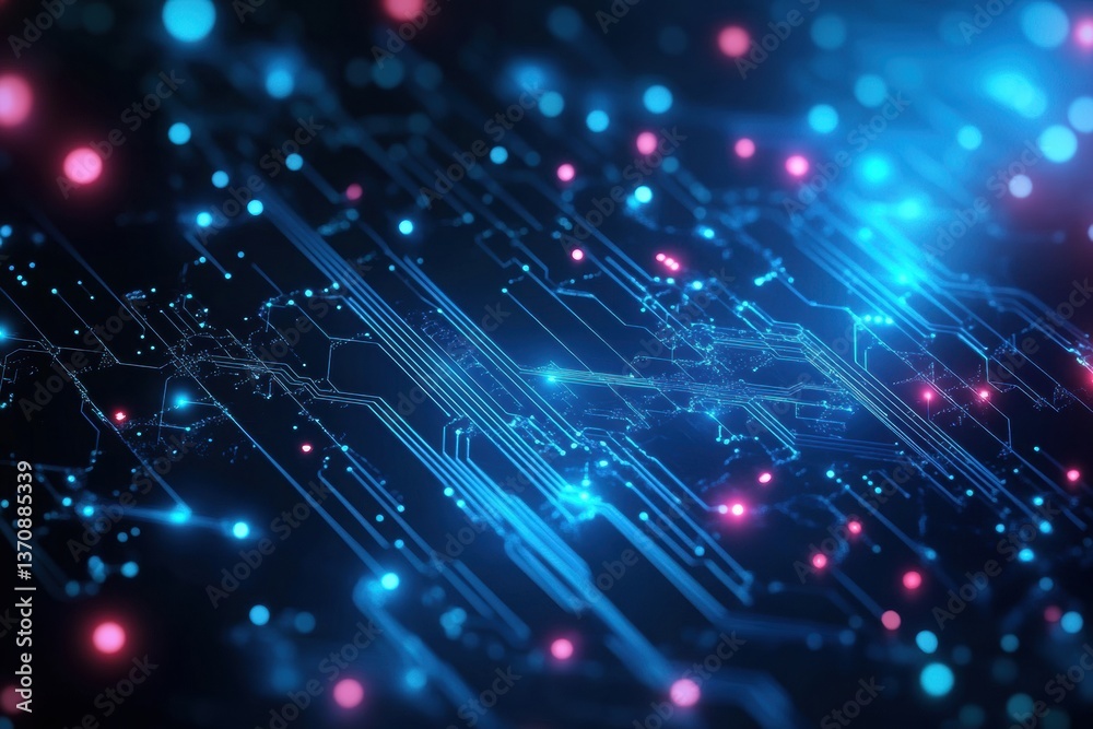 Poster Futuristic digital backdrop featuring glowing neural connections and deep blue circuit patterns for advanced technology environments