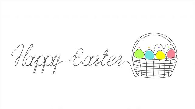 Self-drawing contour line animation, continuous line.Continuous hand lettering happy easter in black and basket with eggs of different colors on white background. Easter design. 4K
