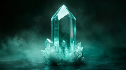 A minimalist transparent crystal souvenir, floating in the air with soft blue lighting, on a dark green background 