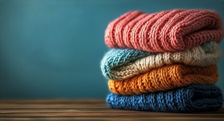 Colorful Knitted Sweaters Stacked Neatly on a Wooden Table With a Soft Background