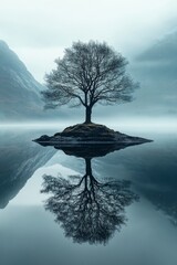 Lone tree on island in still water, tranquil landscape with mirror reflection and moody mountain backdrop
