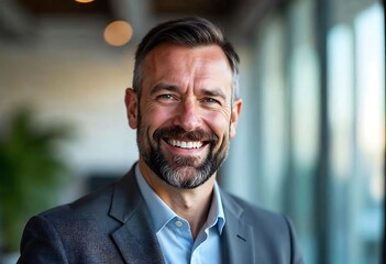 Naklejka premium A confident professional man in a modern office setting, wearing a dark blazer over a light blue shirt. Soft natural light streams through large windows, creating a focused and corporate ambiance.