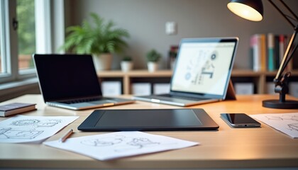 A table with a drawing tablet, a laptop and sketches on paper. In the background is a shelf with books, a lamp on the table. The frame is pastel colors, an inspiring creative atmosphere.