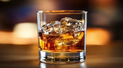 A glass of whiskey with ice, sitting on a wooden table, moody atmosphere.