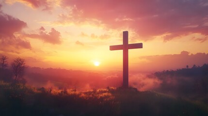 Fototapeta premium Majestic Cross on Rocky Cliff Overlooking Sunset Ocean View: A Serene and Inspiring Nature Scene Symbolizing Faith, Hope, and the Beauty of the Coastal Landscape