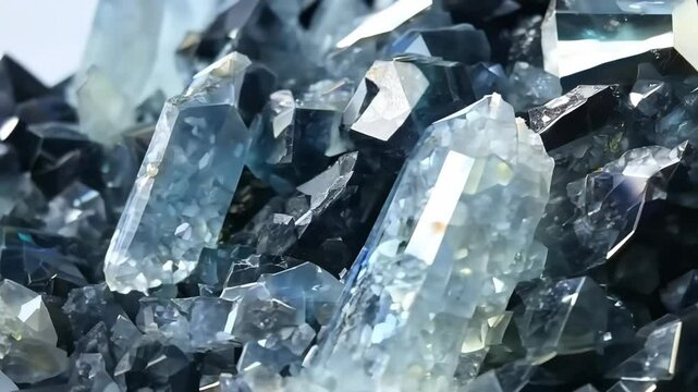 A close-up view of a collection of shimmering blue and gray Tourmalinated Quartz crystals, showcasing their intricate facets and natural beauty. The crystals are arranged in a visually appealing.