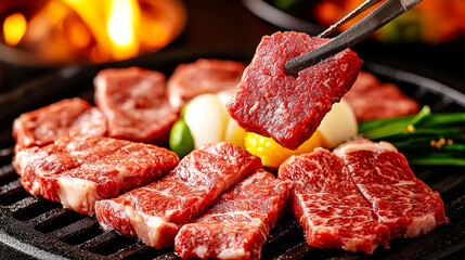 Gourmet Grill: Freshly grilled pieces of raw marbled beef, sizzling over a hot grill, tantalizing and appealing cuisine ready to be enjoyed