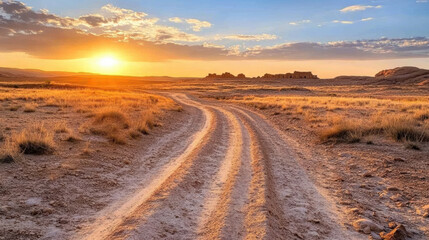 Fototapeta premium scenic view of desert landscape at sunrise, featuring winding dirt path leading to ancient ruins in distance, surrounded by golden grass and vibrant sky