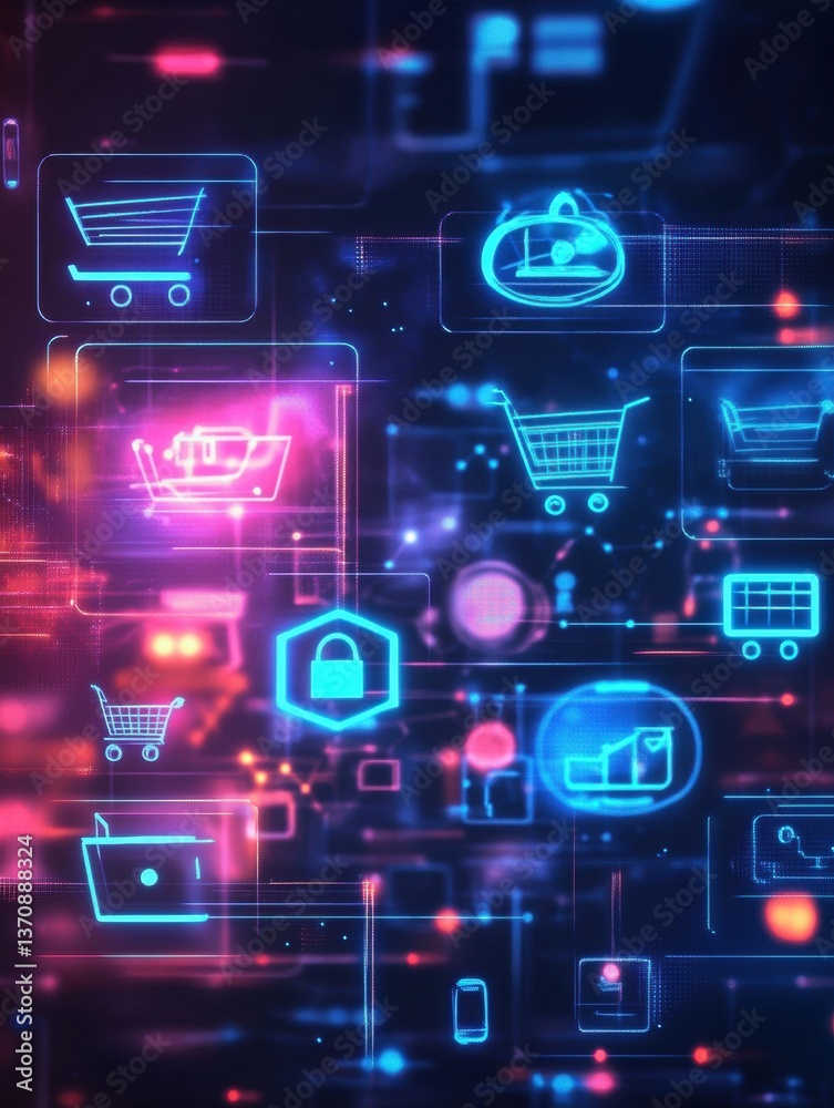 Aufkleber explore a futuristic e-commerce landscape featuring floating shopping icons and neon blue elements i