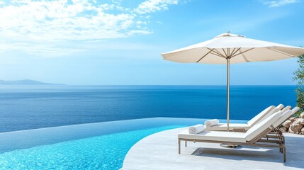 Plakat Fantastic private villa, terrace view with sun beds chairs under umbrella, luxury pool hotel stunning summer pattern. Beautiful spa or wellness, recreational vacation resort tourism. Tranquil sea sky