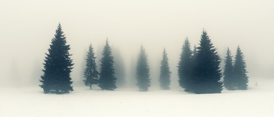 Serene winter landscape of coniferous trees in tranquil snowy field shrouded in mist creating a peaceful and atmospheric scene with a muted color palette