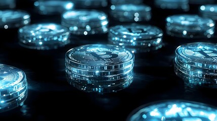 Glowing Digital Coins with Blockchain Inspired Background Futuristic Finance Concept
