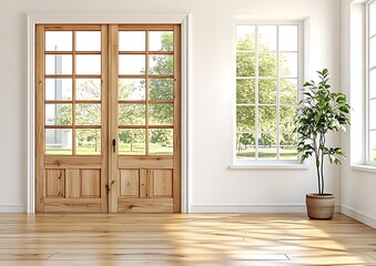 Fototapeta premium A light filled room displaying wooden doors and a leafy plant