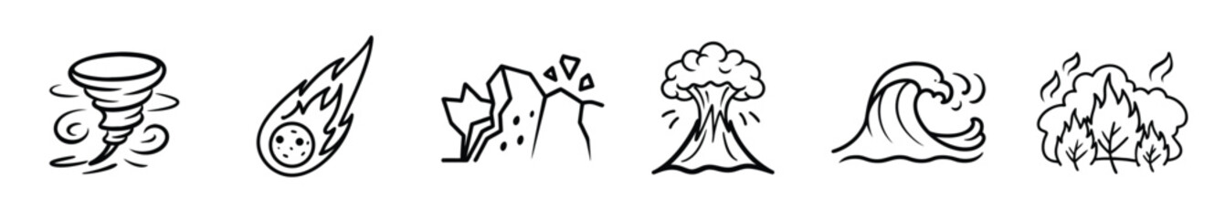 Fototapeta premium Set of 6 Outline Icons Depicting Natural Disasters