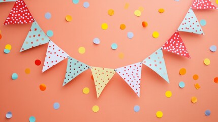 Fototapeta premium A festive bunting garland and confetti on a peach-colored background.