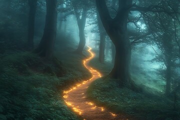 A mystical forest with a glowing pathway winding through ancient, towering trees, illuminated by a soft, otherworldly light
