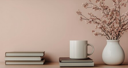 Beautiful Morning Light Illuminating a Cozy Coffee Setup With Flowers and Books