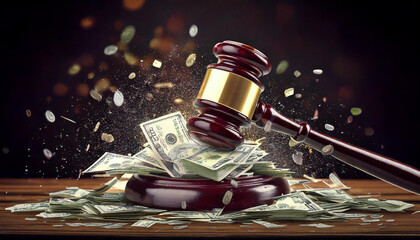 Wooden Gavel Hitting Dollar Bills and Coins – Justice and Economy