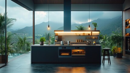 Fototapeta premium Modern kitchen with mountain view (1)