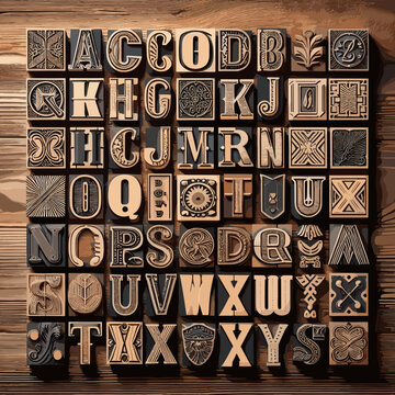 Vintage wooden printing blocks with letters and decorative designs