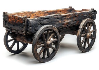 Obraz premium A weathered wooden cart has four wheels and rectangular body