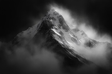 Dramatic black and white photograph of a snowy mountain peak with clouds