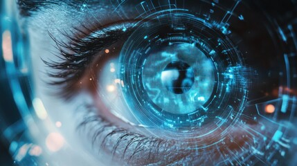 Close-up of an eye with digital, futuristic technology over it.