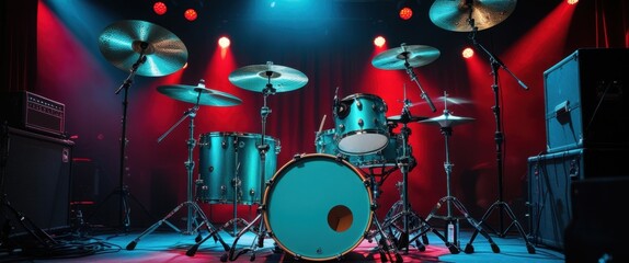 Obraz premium energetic drum set on stage with vibrant red and blue lights