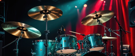 Naklejka premium vibrant drum set on stage against red curtain illustration