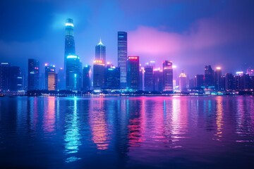 Fototapeta premium Night cityscape with glowing reflections on water surface