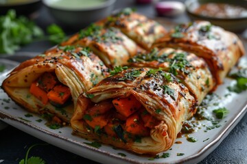 Vegetable Puff Pastry plated diagonally sliced with coriander drizzle and tamarind smear