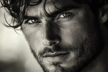 Obraz premium Close-up black and white portrait of a man with wet hair and intense look