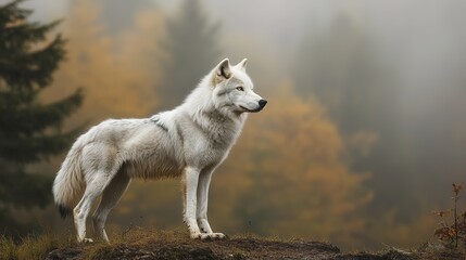Fototapeta premium A white wolf standing on a rocky outcrop, looking out at a misty forest