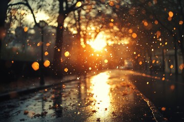 Scenic autumn park with golden leaves and glowing sunset
