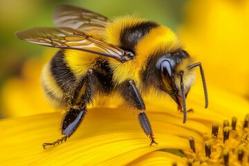 Macro shot of a honeybee collecting nectar on a yellow flower