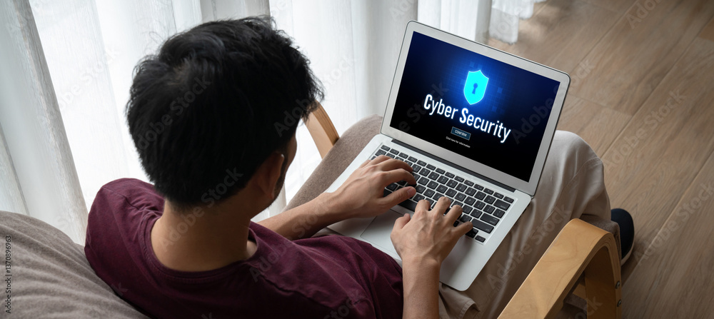 Poster cyber security system on computer screen protect private information snugly from hacker and cyber at