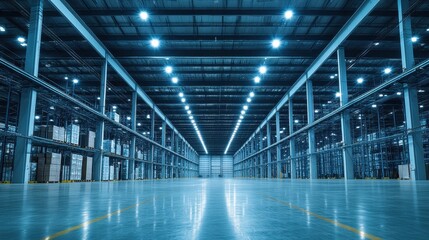 Fototapeta premium Vast illuminated warehouse interior with high ceilings and rows of metal shelving offering ample storage space for efficient logistics and distribution